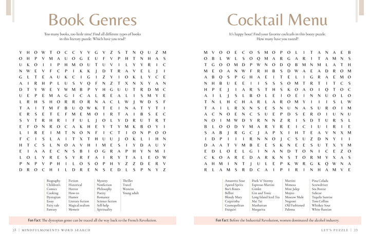 Enjoy two adjacent MindfulMoments Word Search puzzles—Book Genres and Cocktail Menu—from Schiffer Publishing, Ltd., each with a letter grid, word list, decorative headings, and fun facts above and below for a relaxing escape.