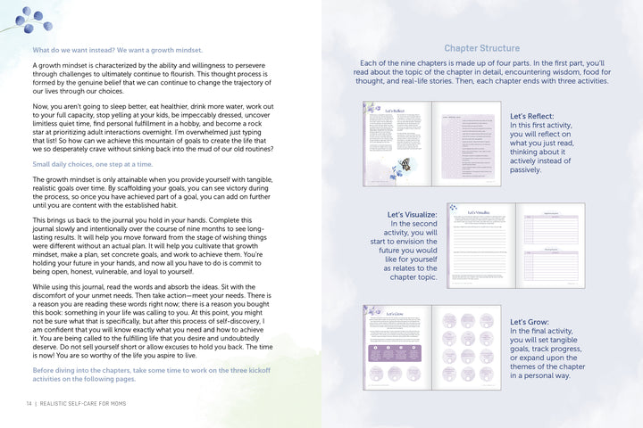 A two-page spread from Realistic Self-Care for Moms by Schiffer Publishing, Ltd. uses blue headings and book graphics on the left page, while the right page explains chapter parts with worksheet images and purple accents for busy moms.