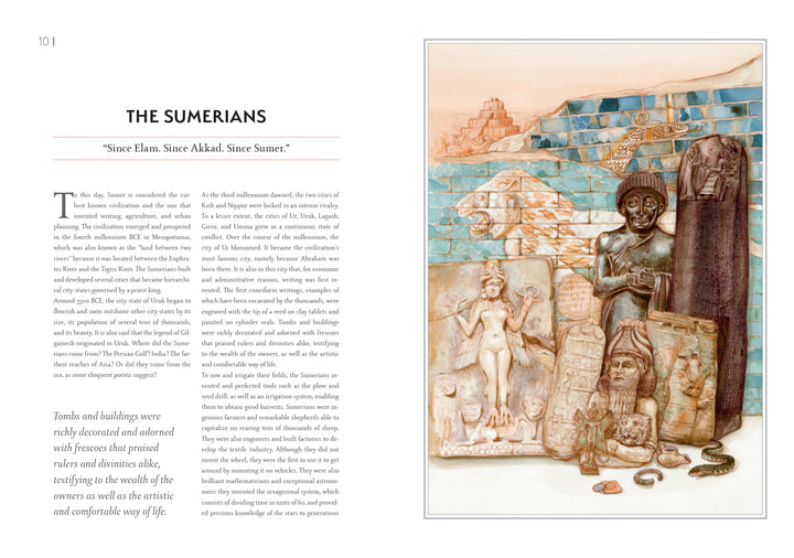 A page from "Atlas of Lost Civilizations" by Schiffer Publishing, Ltd. displays ancient Sumerian culture with artifacts like statues, carvings, a blue-bricked ziggurat with two bulls, and world atlas text about their civilization.