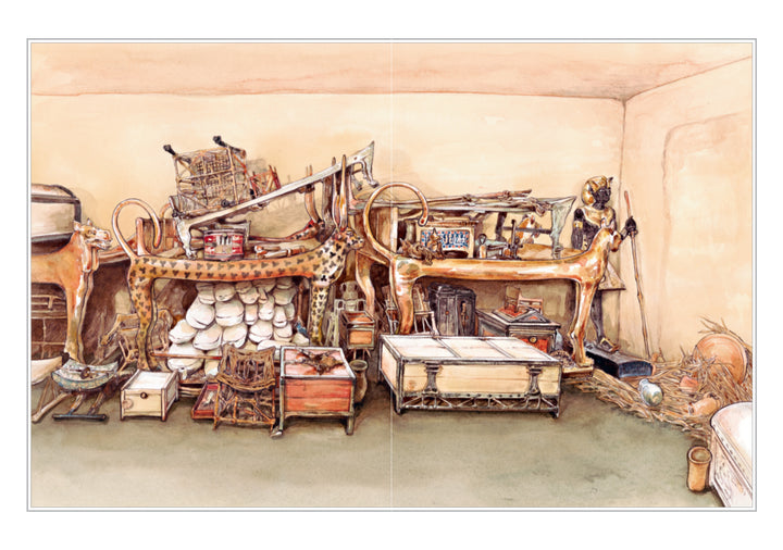 A detailed illustration of a room filled with old objects—plates, trunks, baskets, animal statues—evokes the organized clutter found in Schiffer Publishing, Ltd.'s Atlas of Lost Civilizations, showcasing relics from forgotten cultures.