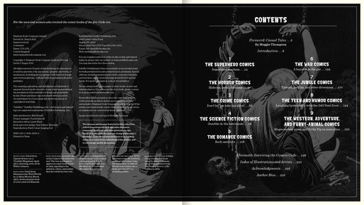 An open copy of Comic Book Apocalypse! by Schiffer Publishing, Ltd. shows a contents page with white text on dark background, including illustrations of a person with a flashlight and a large skeleton. Chapter titles and page numbers are on the right page.