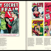 A two-page spread from Schiffer Publishing, Ltd.'s Comic Book Apocalypse! showcases vintage pre-Code romance comic covers like My Secret Affair, Confessions of Love, and The Life, with dramatic retro couples in classic illustration style.