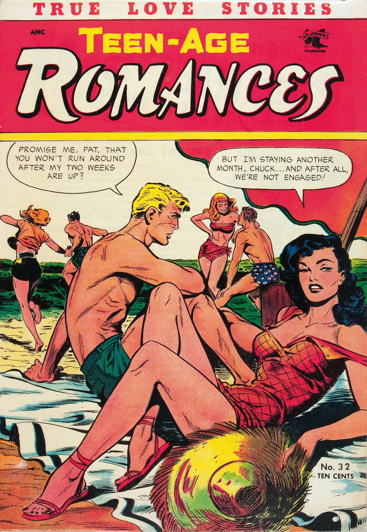 The cover of Comic Book Apocalypse! from Schiffer Publishing, Ltd. features a vintage beach scene with a woman in a swimsuit on a towel talking to a man, while others enjoy the water and dramatic speech bubbles fill the air.
