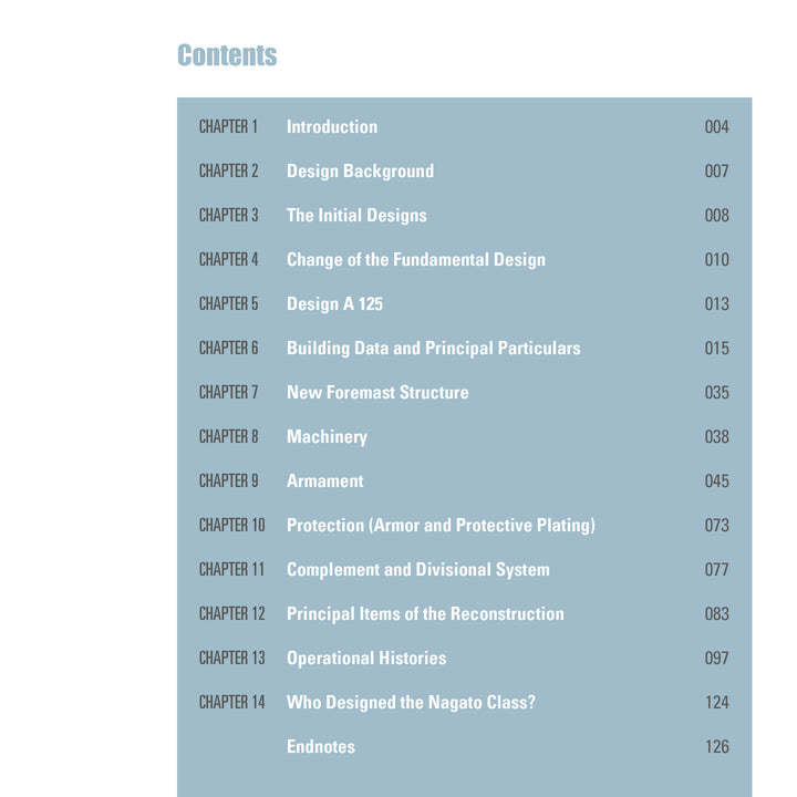 The table of contents in "Nagato-Class Battleships" by Schiffer Publishing, Ltd. lists 14 chapters, including Introduction, Design Background, Change of Design, Machinery, Protection, and Who Designed the Nagato-class battleships, plus endnotes with page numbers.