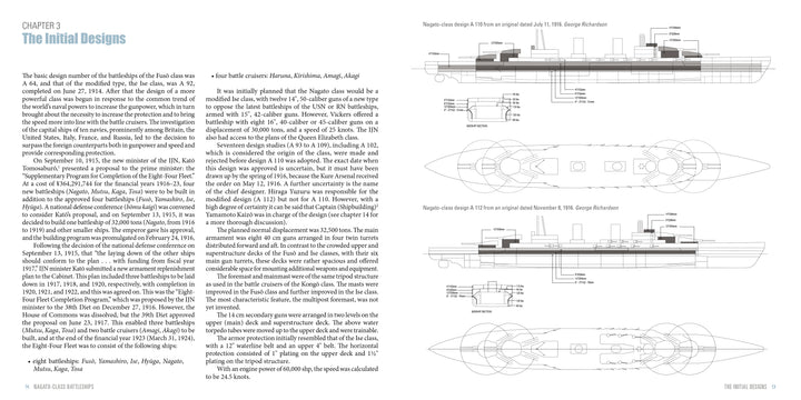 A two-page spread from Schiffer Publishing’s "Nagato-Class Battleships" shows design text on the left and labeled side, top, and end technical drawings of these Imperial Japanese Navy ships on the right.