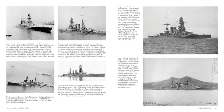 A two-page spread from Schiffer Publishing’s "Nagato-Class Battleships" features six black-and-white photos of Imperial Japanese Navy warships at sea or anchored, each with captions offering historical details and descriptions.