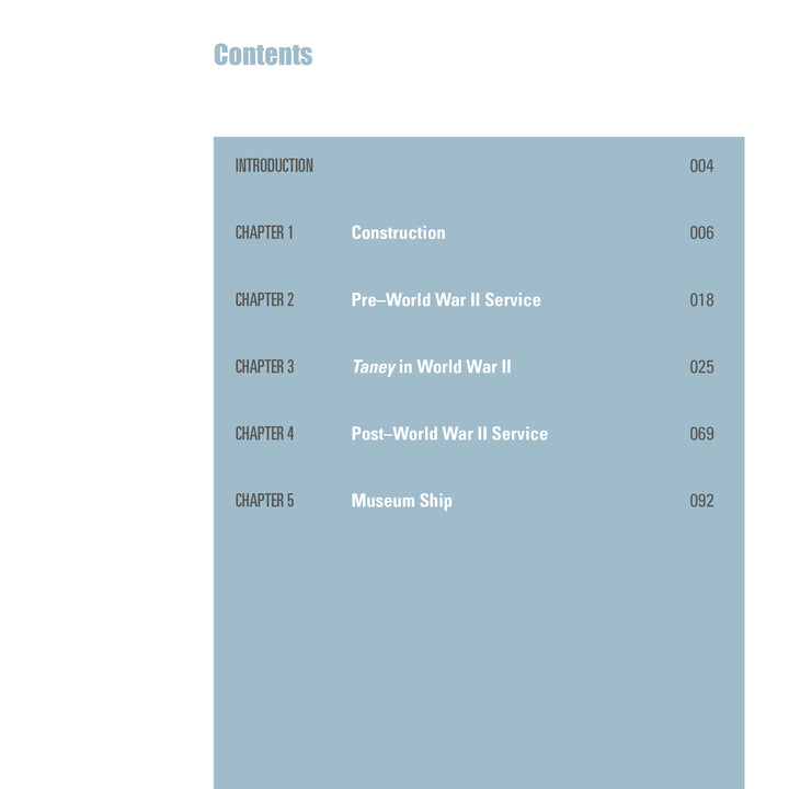 Table of contents for Schiffer Publishing, Ltd.'s "US Coast Guard Cutter 37": Introduction, Construction, WWII service, Postwar Service, Museum Ship at Historic Ships in Baltimore—all with page numbers.
