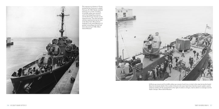 Two black-and-white photos of naval ships: Left, a Treasury class warship at a pier; right, sailors and civilians on the US Coast Guard Cutter 37 deck with mounted guns and the American flag. Brand: Schiffer Publishing, Ltd.