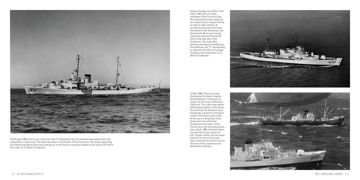 Three black-and-white photos depict the US Coast Guard Cutter 37 at sea from various angles, showcasing its structure and deck details. Text by Schiffer Publishing, Ltd. appears beside the images.