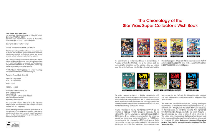 A two-page spread in Schiffer Publishing's Star Wars Super Collector's Wish Book, Vol. 1, 2nd Edition displays a grid of nine book covers and intro text on the history and collector value of key Star Wars collectibles.