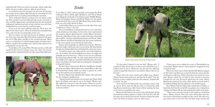 Two photos from Out of the Sea (Schiffer Publishing, Ltd.) accompany a story about a foal named Bristle: left, a mare and foal graze by a fence; right, a young foal with a dark mane stands in the grass, looking at the camera.