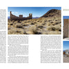 A magazine spread in "Finding Nevada Wild" by Schiffer Publishing, Ltd. highlights Rhyolite Ghost Town with text and three photos: stone ruins under a blue sky, an arched gateway with a car, and ghostly white sheet sculptures of people.