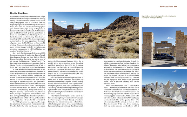 A magazine spread in "Finding Nevada Wild" by Schiffer Publishing, Ltd. highlights Rhyolite Ghost Town with text and three photos: stone ruins under a blue sky, an arched gateway with a car, and ghostly white sheet sculptures of people.