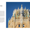 Architreasures by Schiffer Publishing, Ltd. captures a close-up of the ornate Art Deco crown of the General Electric Building in NYC, showcasing intricate stonework, gold detail, and a silver lightning bolt sculpture against a blue sky.