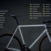 On the right, a sleek white road bike is shown, while to the left under a yellow CONTENTS heading, a list of handcrafted bicycle builders and page numbers appears on a dark background—an ideal coffee-table book by Schiffer Publishing, Ltd.: Handcrafted Bicycles.