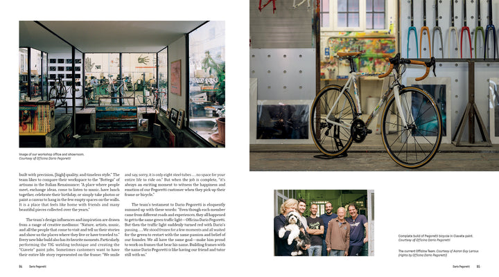 Schiffer Publishing, Ltd.’s Handcrafted Bicycles showroom and workshop showcase unique art, tools, and artisanal bikes. A photo features a gold model; another shows three happy people—one with a dog—celebrating skilled builders.