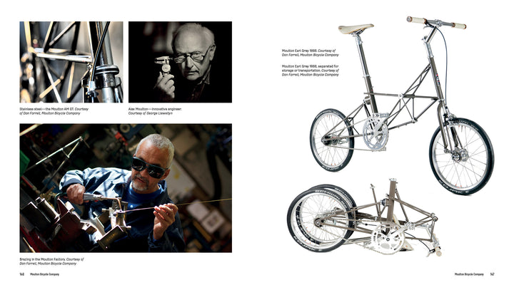 A collage for Schiffer Publishing, Ltd.’s Handcrafted Bicycles: two people crafting metal parts, an older man inspecting a component, and two shots of the handcrafted bicycle—upright and folded—against a white background.
