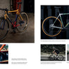 A two-page spread from "Handcrafted Bicycles" by Schiffer Publishing, Ltd. shows artisan bikes: left page—a gold and red model with a craftsman painting; right—a green bike, a cyclist riding, and a car carrying bikes—ideal for coffee tables.