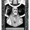A black and white illustration of The Hierophant from Lieselle's Eternal Tarot by Schiffer Publishing, Ltd. features a robed, bearded figure beneath a papal crown, framed by twisted vines and an eye, with the Roman numeral V at the top.