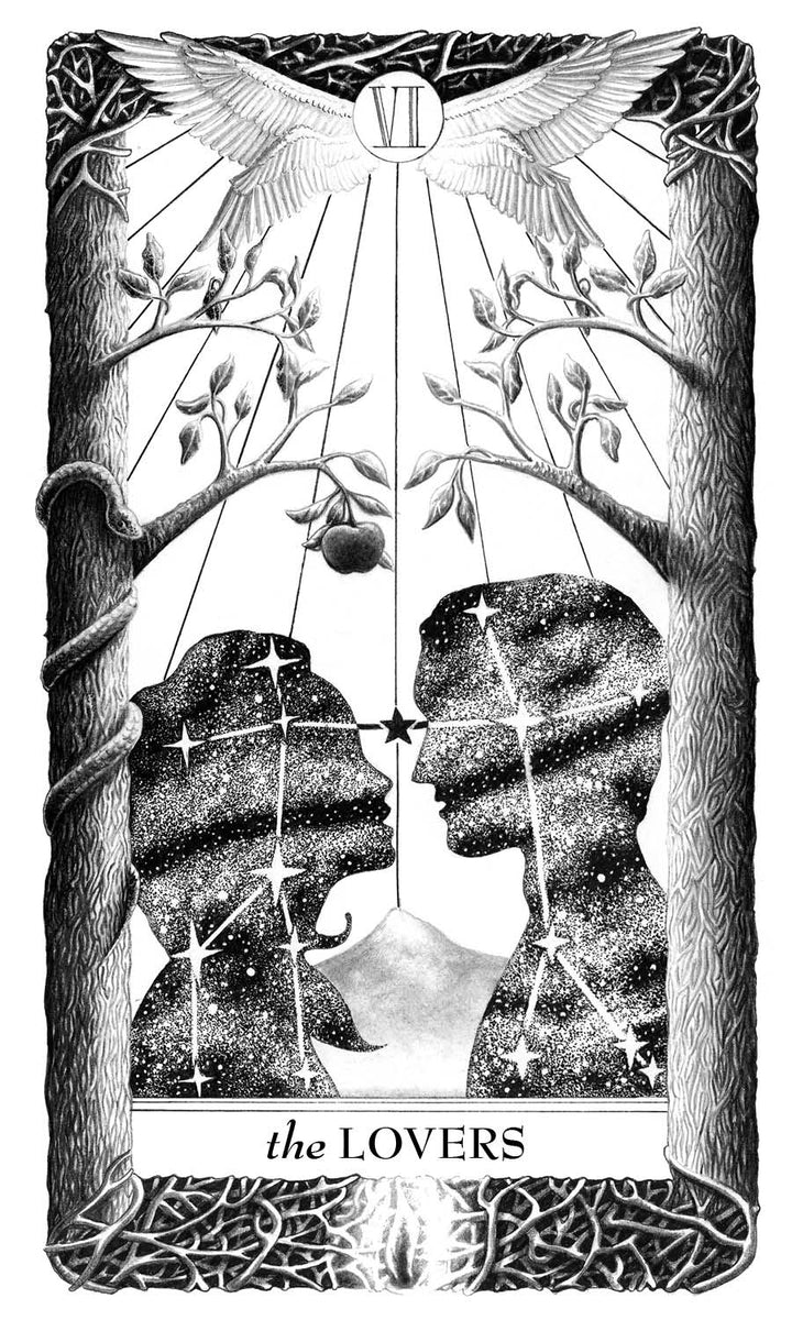 Black and white tarot card illustration from Lieselle's Eternal Tarot by Schiffer Publishing, Ltd., titled The Lovers, depicts two star-filled silhouetted faces gazing at each other beneath trees, an apple, and a winged angelic figure.