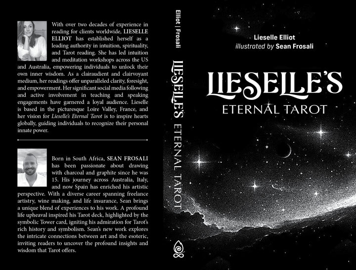 A black and white cover for Lieselle's Eternal Tarot by Schiffer Publishing, Ltd. features a starry sky, mystical symbols, and portraits with bios on the back—an ideal tarot deck for self-discovery.