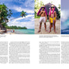 A magazine spread for Schiffer Publishing, Ltd.’s surfEXPLORE shows three images: a tropical beach with palm trees, two men in traditional dress with spears and pink fabric, and a surfer riding a big wave at an uncharted spot. Text fills the columns.