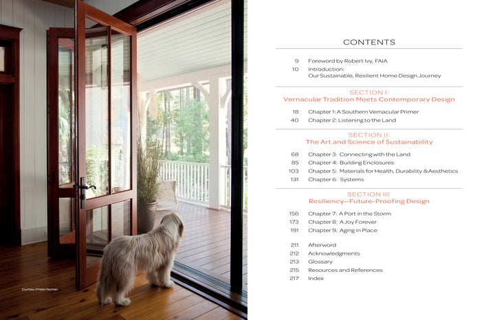 A fluffy white dog stands inside by an open glass door, looking out onto a porch with white railings and greenery. Beside the image is a table of contents for "Contemporary Southern Vernacular" by Schiffer Publishing, Ltd.