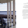 Four black rocking chairs line a green-tiled porch with white columns—a serene scene from Contemporary Southern Vernacular by Schiffer Publishing, Ltd., featuring sustainable design and peaceful marsh views. Text is displayed on the right half.