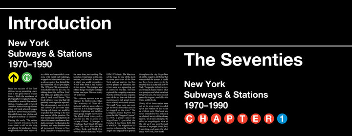 A black background with white text introduces New York Subways and Stations, 1970–1990 by Schiffer Publishing, Ltd., featuring subway icons on the left and colorful icons with graffiti subway cars for CHAPTER 1: The Seventies on the right.