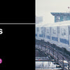 Split image: Left side reads New York Subways and Stations, 1970–1990 by Schiffer Publishing, Ltd. on a black background; right shows a white NYC subway train on snowy elevated tracks.