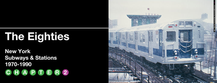 Split image: Left side reads New York Subways and Stations, 1970–1990 by Schiffer Publishing, Ltd. on a black background; right shows a white NYC subway train on snowy elevated tracks.
