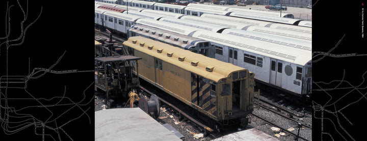 In "New York Subways and Stations, 1970–1990" by Schiffer Publishing, Ltd., a yellow and brown maintenance train car rests amid debris in a rail yard, flanked by white subway cars covered in graffiti.