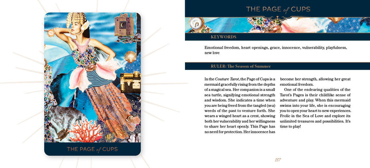 A whimsical Couture Tarot card by Schiffer Publishing, Ltd. depicts the Page of Cups as a ballerina in a seashell crown and pink tutu amid ocean motifs. The right side displays text explaining this fashion tarot card’s meaning.