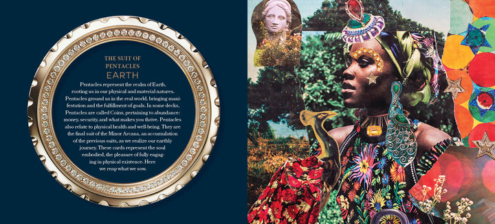 On the left, a round ornate frame features details about the Suit of Pentacles from Couture Tarot by Schiffer Publishing, Ltd. On the right, a woman in couture tarot fashion poses before a vivid collage of tarot cards, nature, and statues.