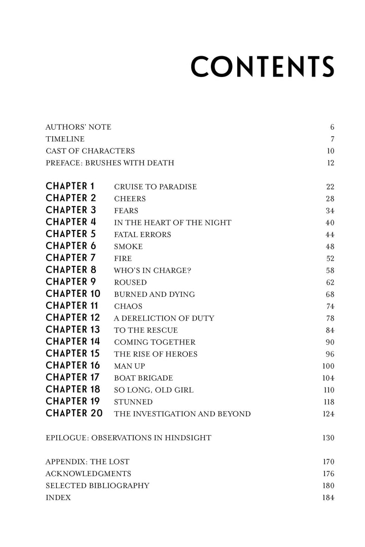 The table of contents for "Yarmouth Castle Burning" by Schiffer Publishing, Ltd. lists chapters like “CRUISE TO PARADISE,” “CHEERS,” “ERRORS,” “STUNNED,” and a detailed account of the SS Yarmouth Castle disaster in two columns.