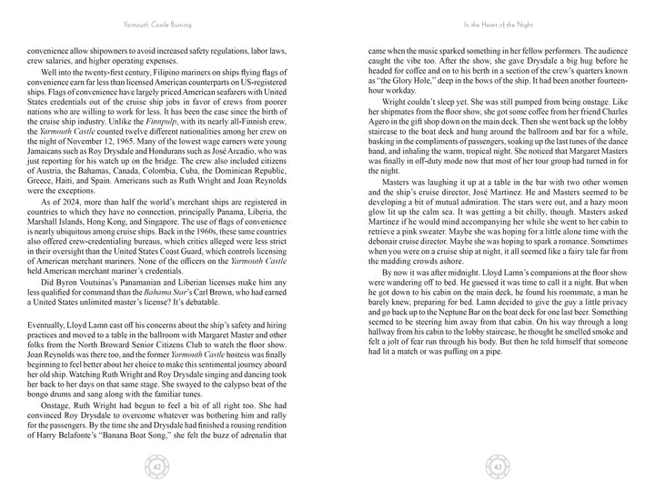 An image of two pages from "Yarmouth Castle Burning" by Schiffer Publishing, Ltd. displays dense, columned text about maritime safety, ship captains, and incidents like the SS Yarmouth Castle fire; faint emblems appear in page corners.