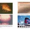 Four images from "Yarmouth Castle Burning" by Schiffer Publishing, Ltd.: a ship ablaze at night, a blurry photo of fire hoses on a passenger ship, a typewritten witness account with signatures, and a woman working on a lifeboat next to a smokestack.