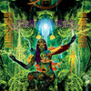 A mystical, abstract woman with outstretched arms covered in vibrant patterns sits in a lush forest, surrounded by geometric shapes in the technoshamanic style. "II / THE HIGH PRIESTESS" adorns the Starman Tarot Remastered by Schiffer Publishing, Ltd.