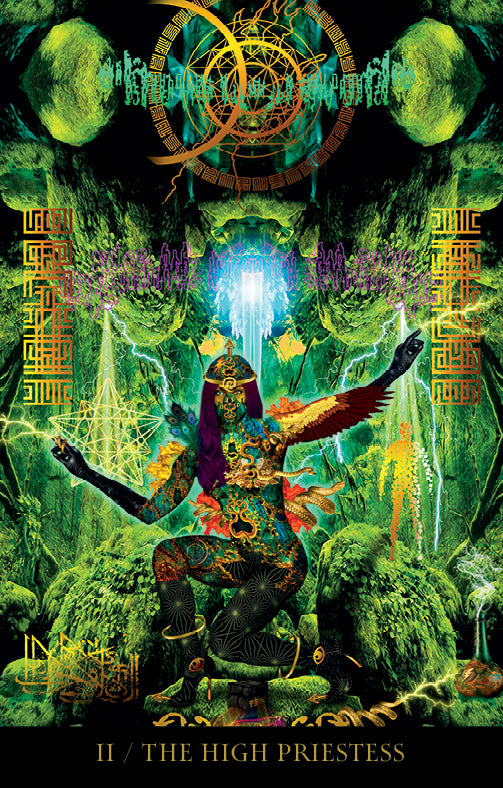 A mystical, abstract woman with outstretched arms covered in vibrant patterns sits in a lush forest, surrounded by geometric shapes in the technoshamanic style. "II / THE HIGH PRIESTESS" adorns the Starman Tarot Remastered by Schiffer Publishing, Ltd.