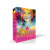 A vibrant, surreal box from Schiffer Publishing, Ltd. houses the Starman Tarot Remastered—art inspired by David Bowie, with abstract faces, bold yellow, pink and blue splashes, electric patterns, and star motifs.