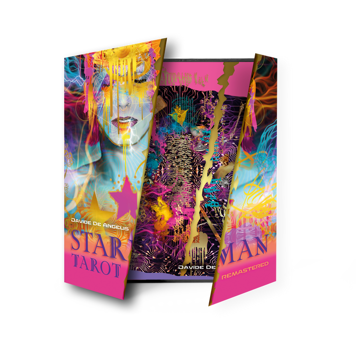 The Starman Tarot Remastered by Schiffer Publishing, Ltd. features a vibrant box with abstract, neon artwork and a surreal face, capturing the bold spirit of Davide De Angelis's design.