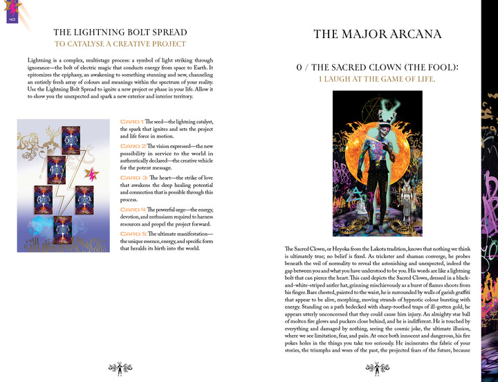 Two pages from the Starman Tarot Remastered by Schiffer Publishing, Ltd.: the left shows a Lightning Bolt Spread for creativity; the right features The Sacred Clown (The Fool) major arcana, inspired by David Bowie, with vibrant text and artwork.
