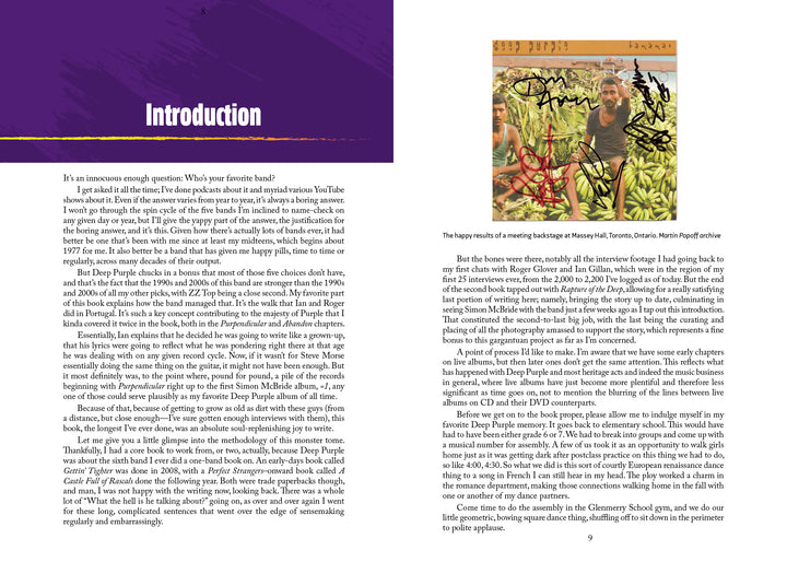Two pages from "Seven Decades of Deep Purple" by Schiffer Publishing, Ltd.: Left—heading “Introduction” and text. Right—a paragraph with a color photo of a smiling man in a lush garden, captioned about Deep Purple at Massey Hall.