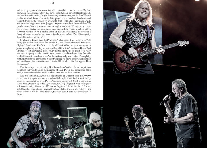 A page from Seven Decades of Deep Purple by Schiffer Publishing, Ltd. displays text on the left and three photos on the right, capturing Deep Purple’s guitarist, bassist, drummer, and vocalist performing live under stage lights.