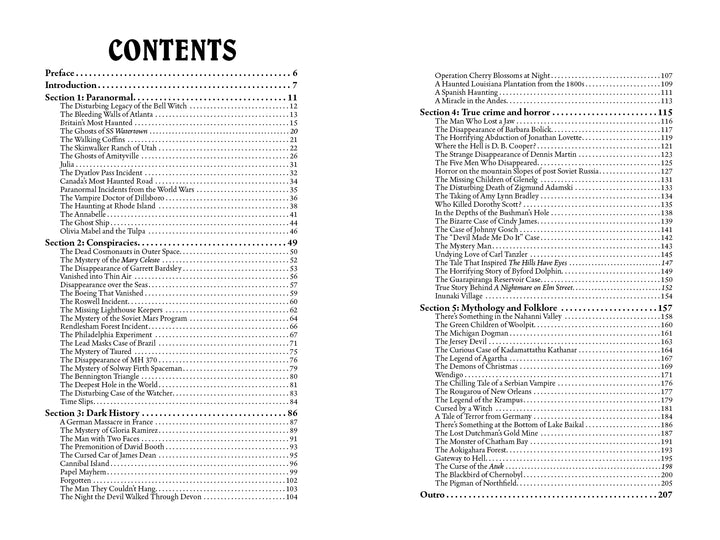 Morbid Kuriosity's by Schiffer Publishing, Ltd. features a table of contents with five sections—true crime, paranormal events, dark history, horror tales, and mysteries—each with chapters and page numbers for easy reference.