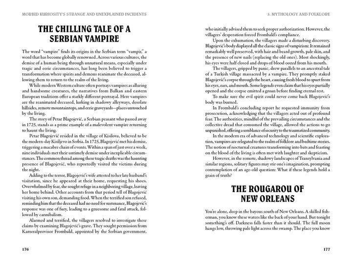 Two pages from Morbid Kuriosity’s by Schiffer Publishing, Ltd. spotlight “The Chilling Tale of a Serbian Vampire” and “The Rougarou of New Orleans,” exploring paranormal folklore in columns with section headings on unexplained mysteries.