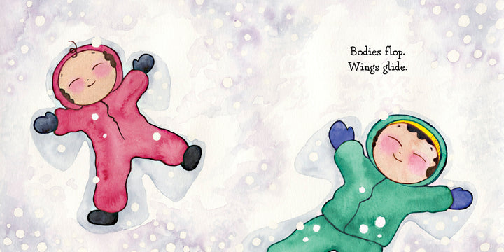 Two children in bright snowsuits make snow angels as snow falls. Text reads, “Bodies flop. Wings glide.” Hello, Snow! by Schiffer Publishing, Ltd. is a perfect winter sensory book for little ones to enjoy snowy days.