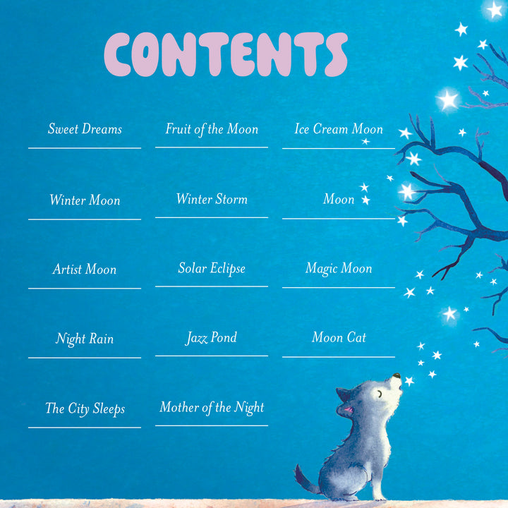 A table of contents labeled CONTENTS appears on a blue background with a wolf pup gazing at stars and a branch. Story titles like Sweet Dreams and Ice Cream Moon offer perfect bedtime poems from Schiffer Publishing, Ltd.