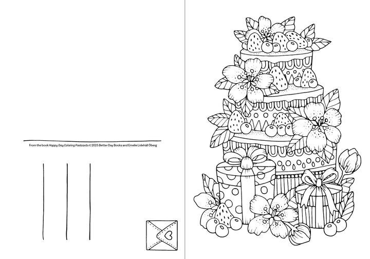 Happy Day Coloring Postcards by Schiffer Publishing, Ltd. features a black and white design of a decorated cake with flowers, strawberries, and gift boxes. The left side has address lines and a small envelope—ideal for coloring postcard fans.