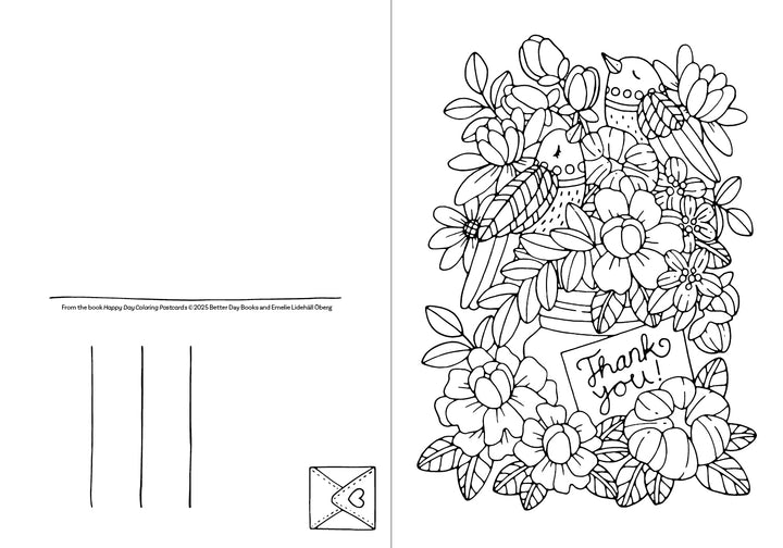 The Happy Day Coloring Postcards by Schiffer Publishing, Ltd. features a “Thank you!” jar with flowers and birds, postcard lines, and a heart envelope—ideal for coloring book fans.